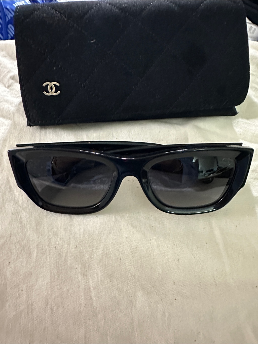 Chanel Black Rectangular Sunglasses With Quilted Case